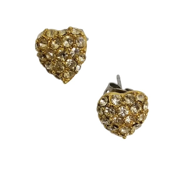 MONET VINTAGE 80s GOLDTONE & PAVE CRYSTAL HEART EARRINGS - Picture 3 of 6